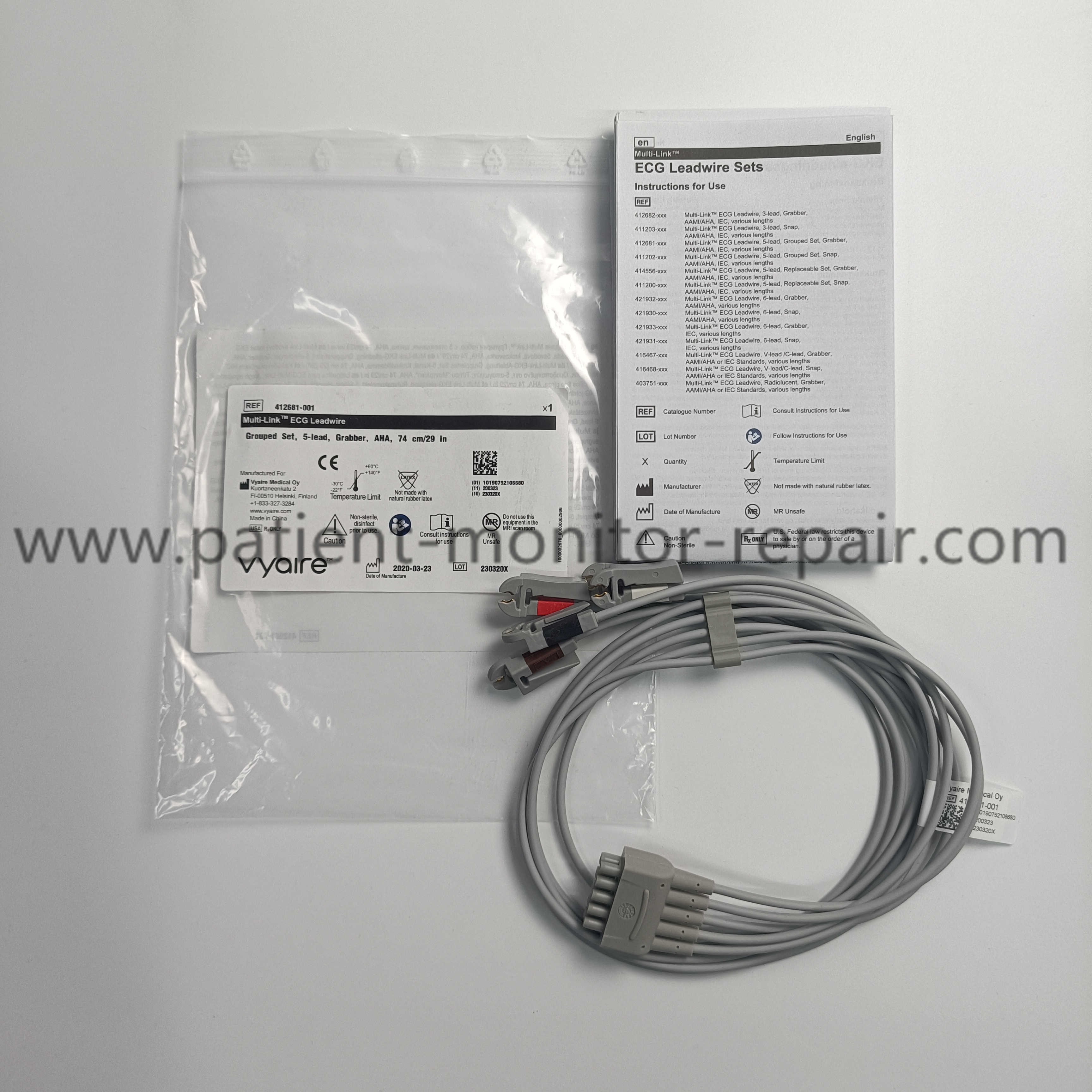 GE Multi-Link ECG Leadwire Cable Set, 5-Lead, Grouped Grabber, AHA 412681-001 414556-001 2106391-001