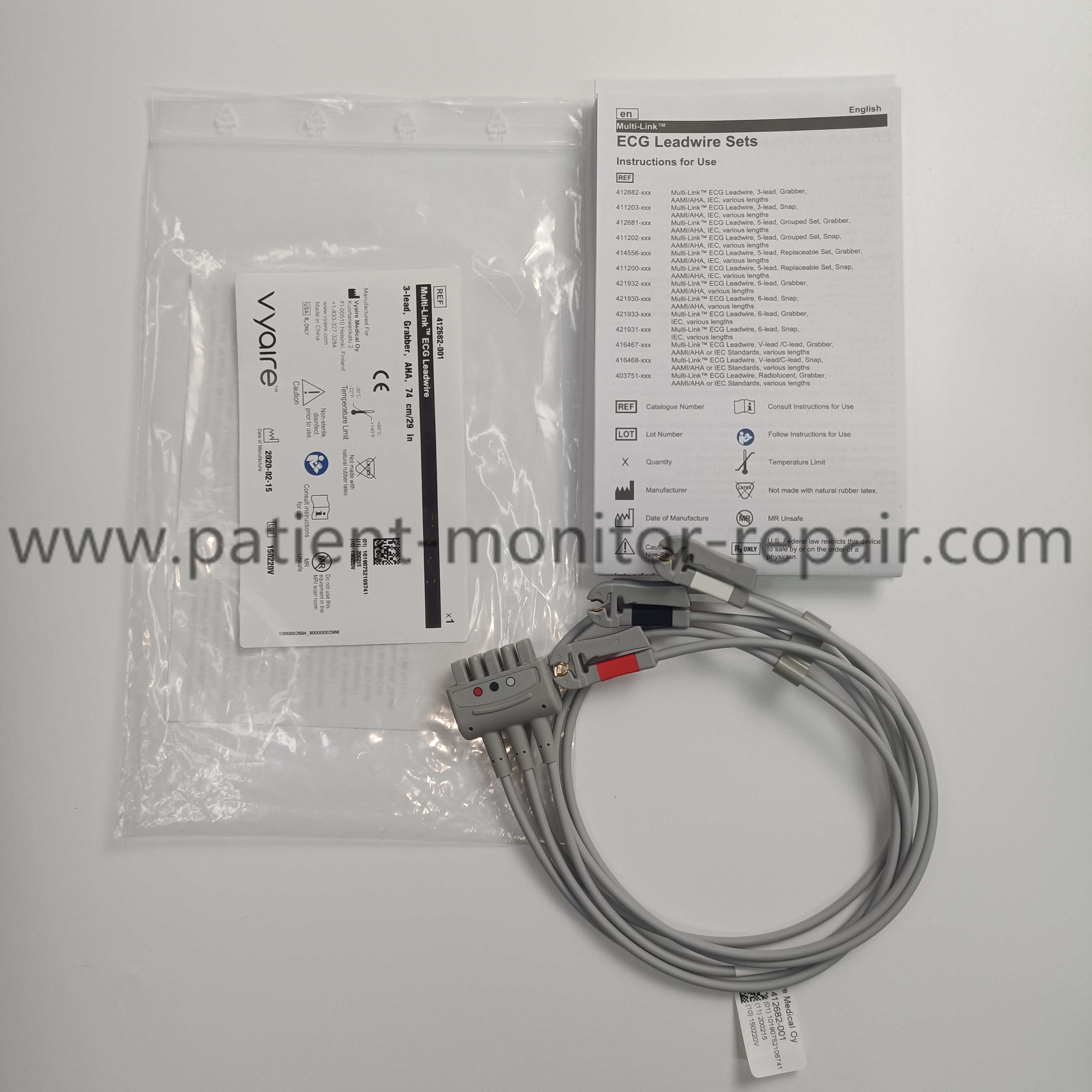 GE Vyaire 412682-001 Multi-Link ECG Leadwire Cable 3-Lead, Grabber, AHA, 74cm(29in) 