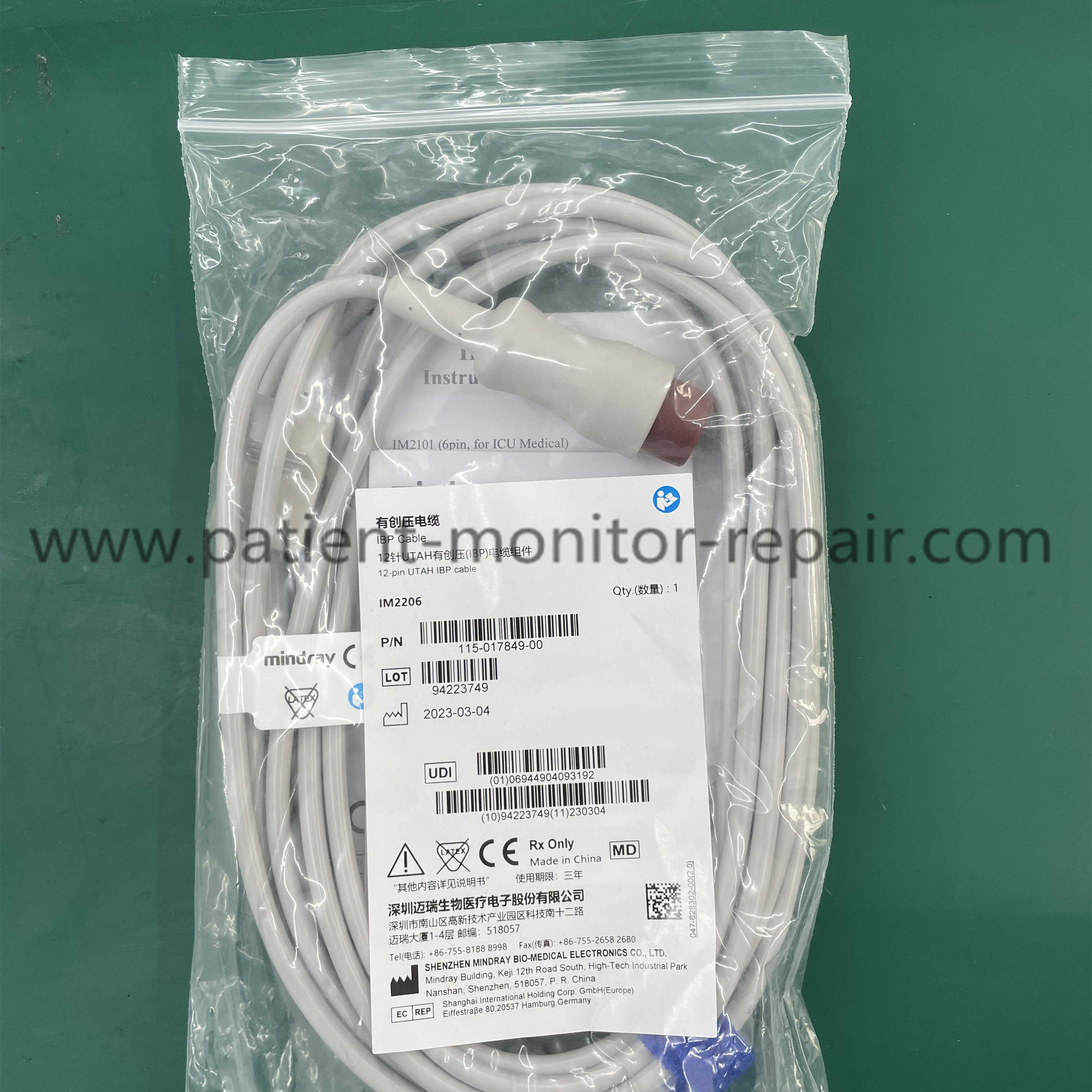 Mindray IPMTN 12 Pin IBP Cable IM2206 (for UTAH) P/N: 115-017849-00 Reusable
